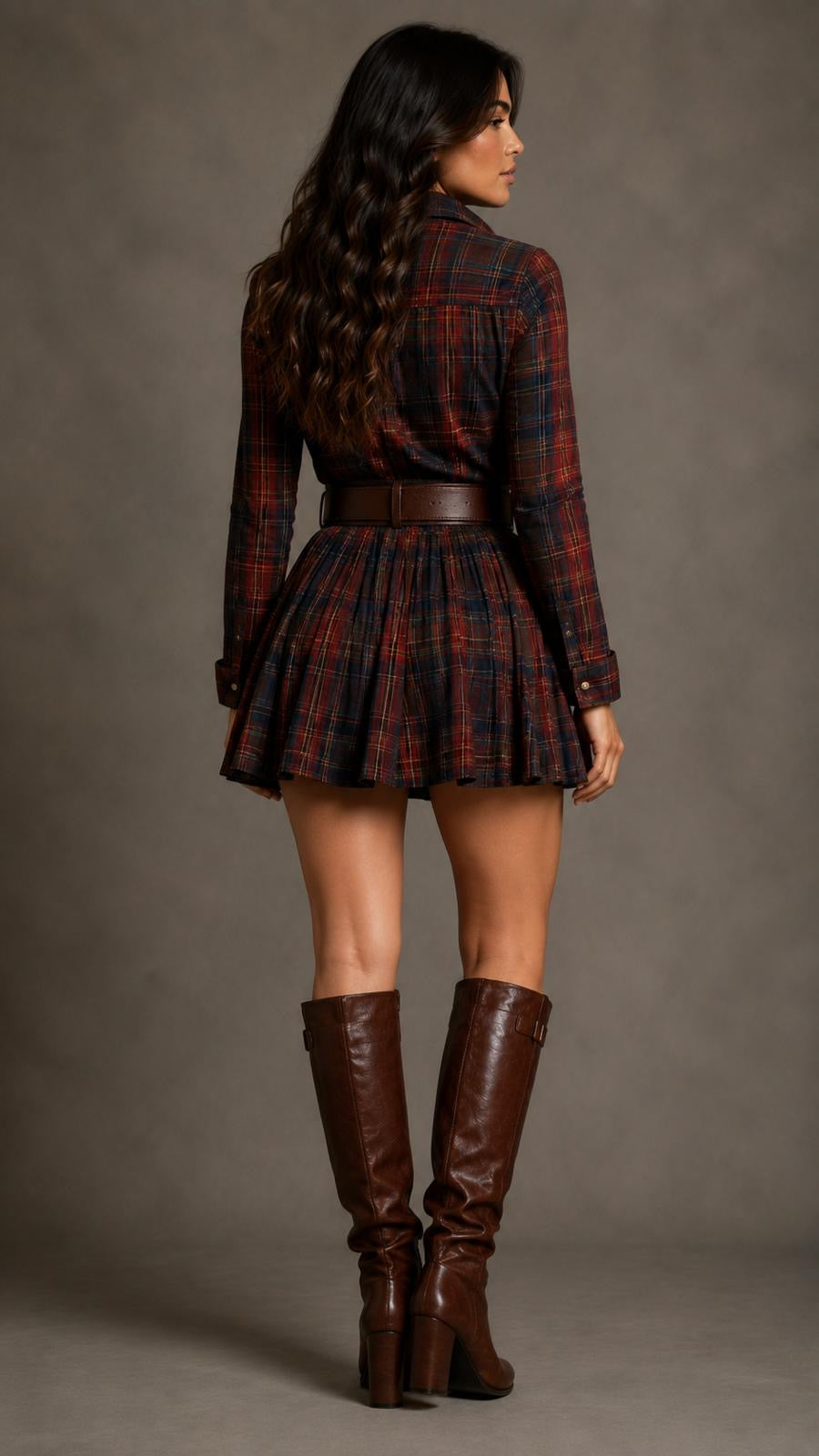 Vestido Mini Vintage de Cuadros Rojo y Café (Incluye Cinturón)