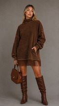 Faux Suede Turtleneck Dress With Fringe Hem