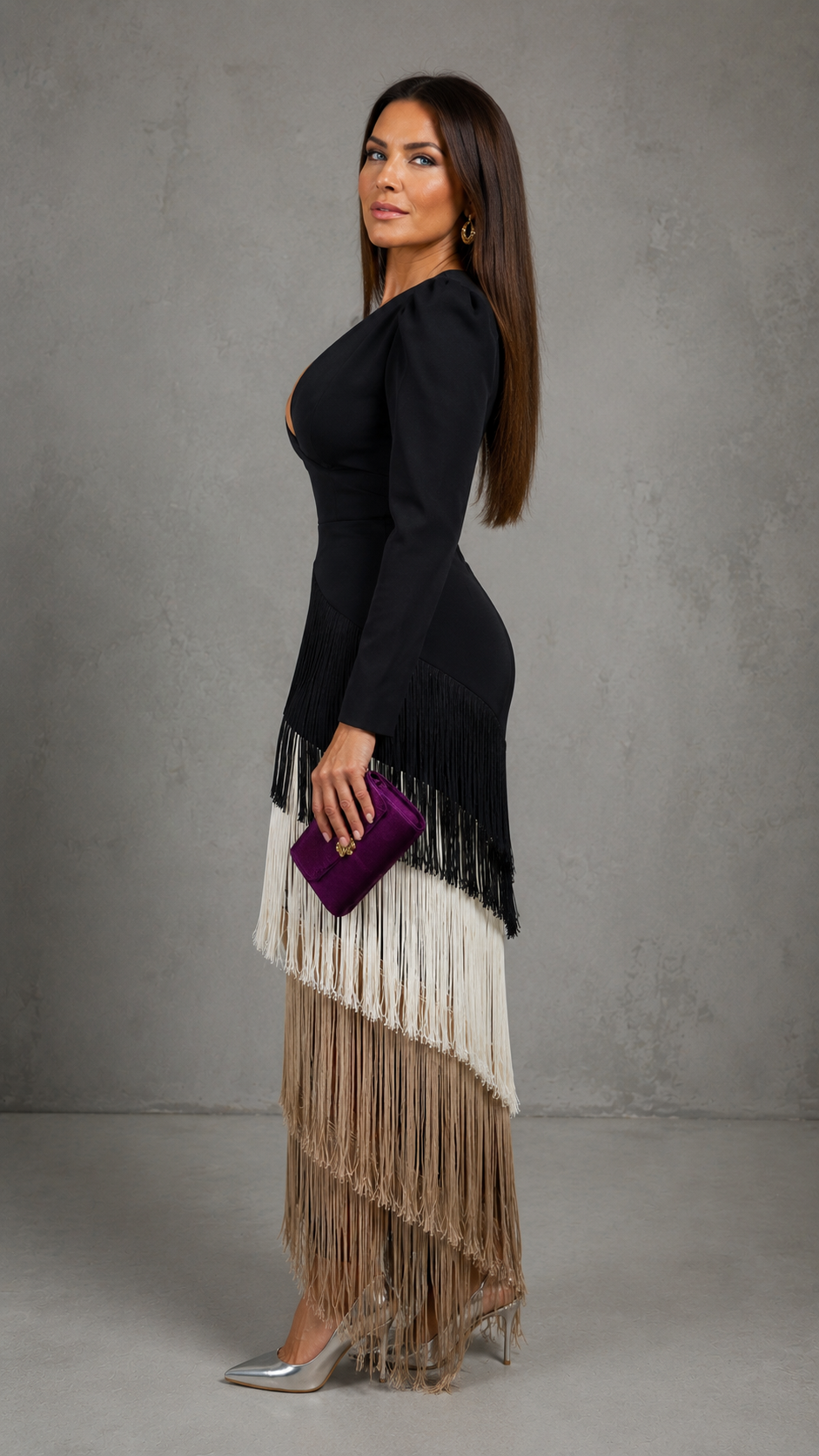 Vestido Elegante con Mangas de Flecos