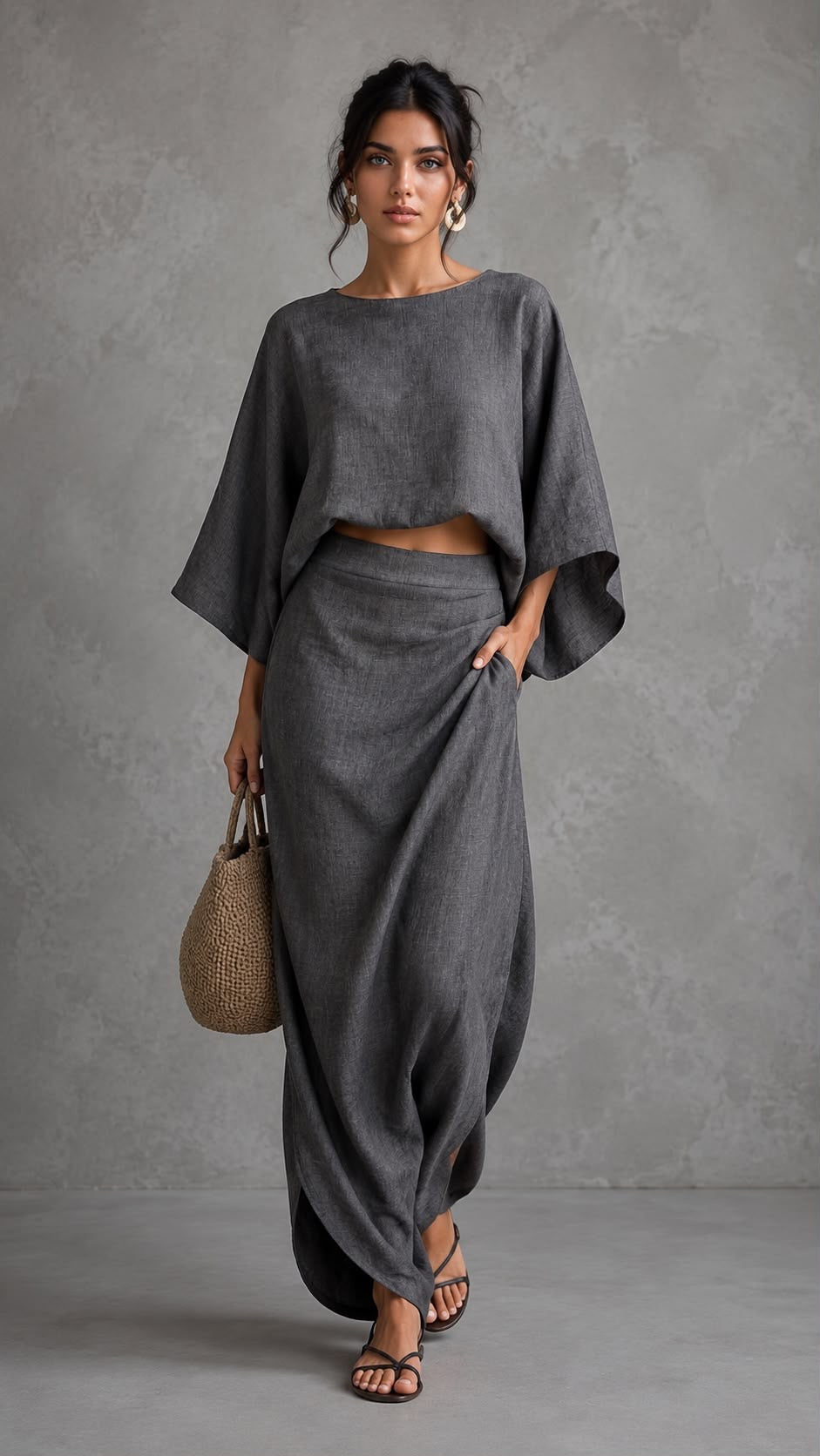 Conjunto de Dos Piezas con Falda Larga y Blusa de Mangas Murciélago