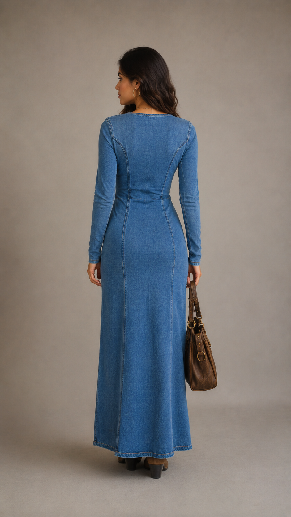 Vestido Maxi de Mezclilla con Escote en V, Botón Frontal, Abertura Lateral y Manga Larga