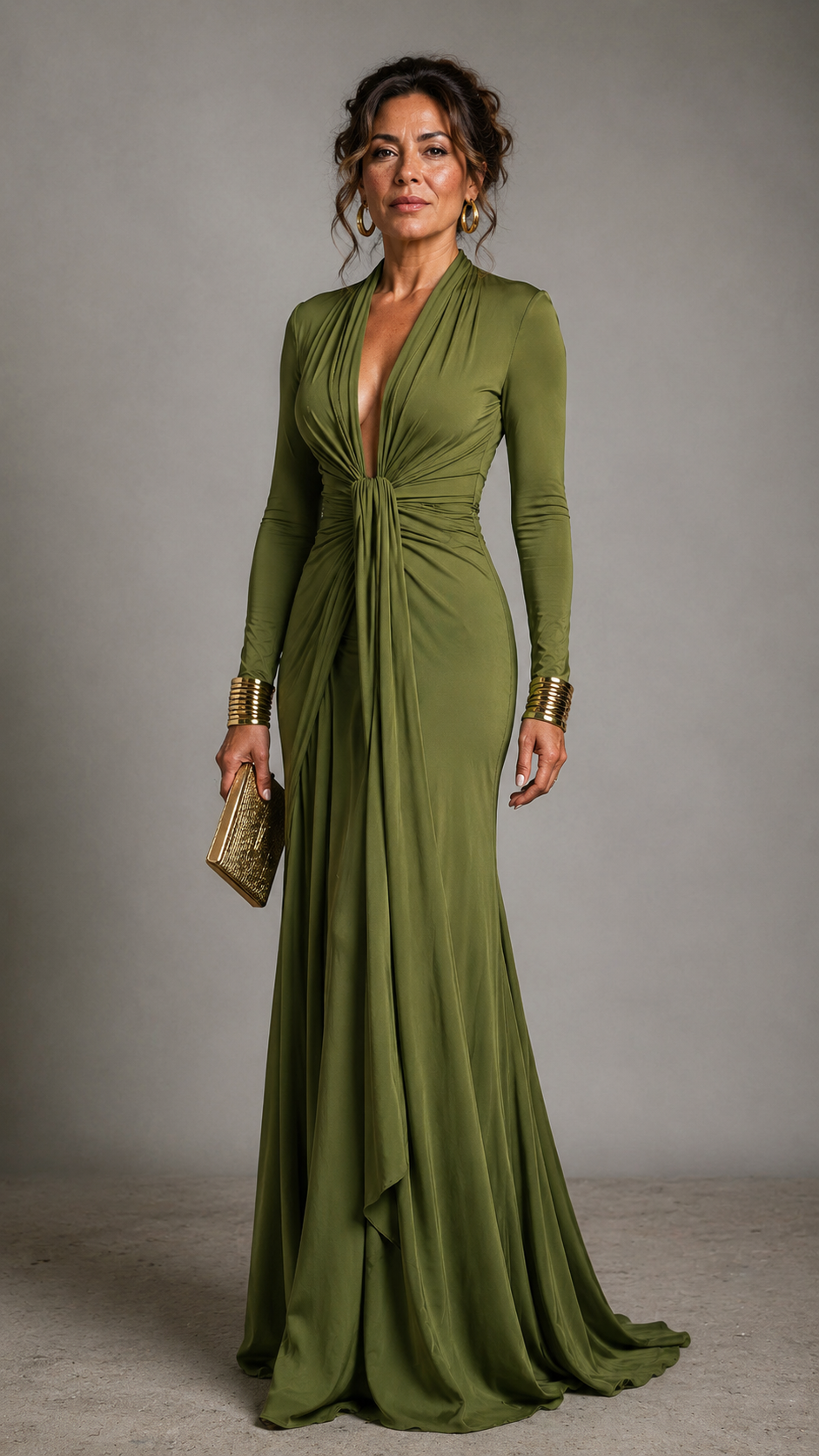 Vestido Maxi Glamour de Seda Elástica Verde Olivo con Escote Profundo en V y Detalles de Volantes