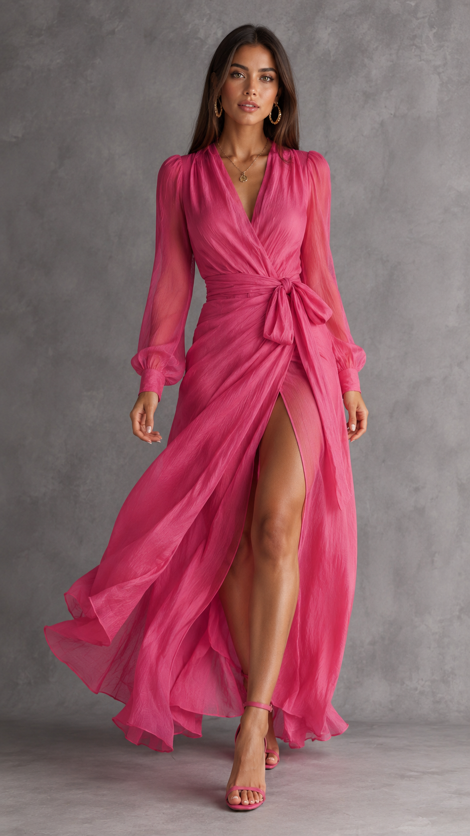 Vestido Largo Elegante de Chifón con Escote en V y Cintura Ajustable