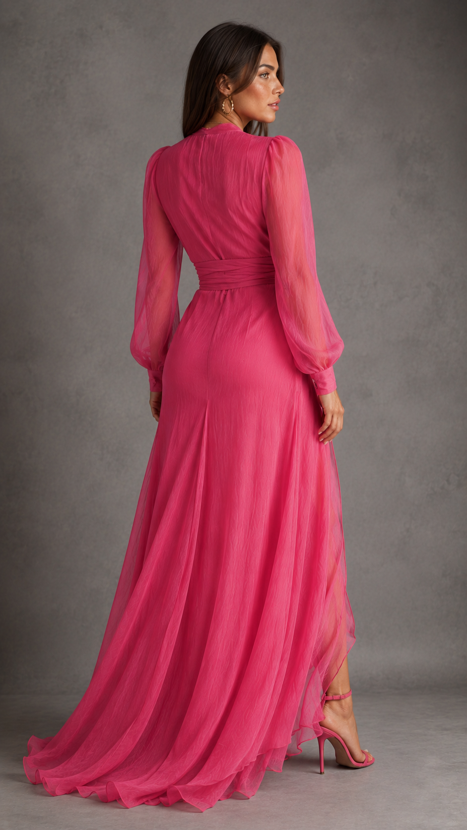 Vestido Largo Elegante de Chifón con Escote en V y Cintura Ajustable