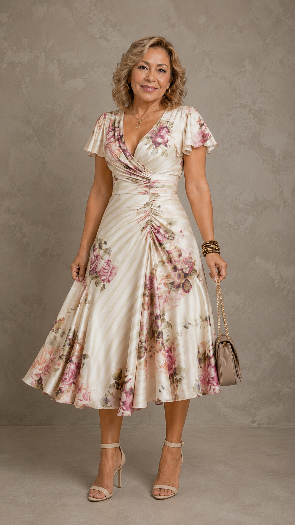 Vestido Midi de Satén con Estampado Floral Vintage