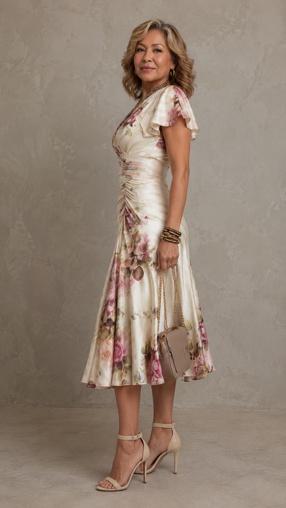Vestido Midi de Satén con Estampado Floral Vintage