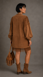 Mini Vestido Vintage de Gamuza Café con Flecos y Mangas Abullonadas