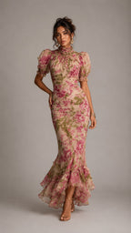 Vestido largo con estampado floral de rosas estilo vintage y mangas abullonadas.