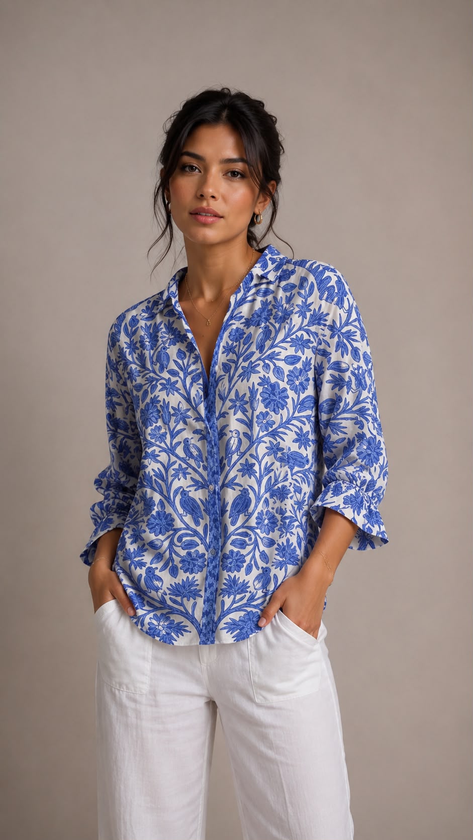 Camisa Floral Azul de Manga Larga