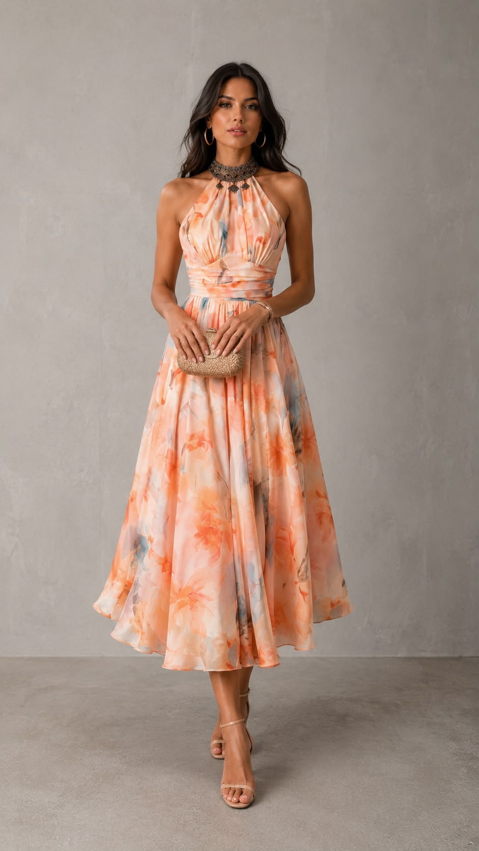 Vestido maxi con cuello halter y estampado efecto acuarela.