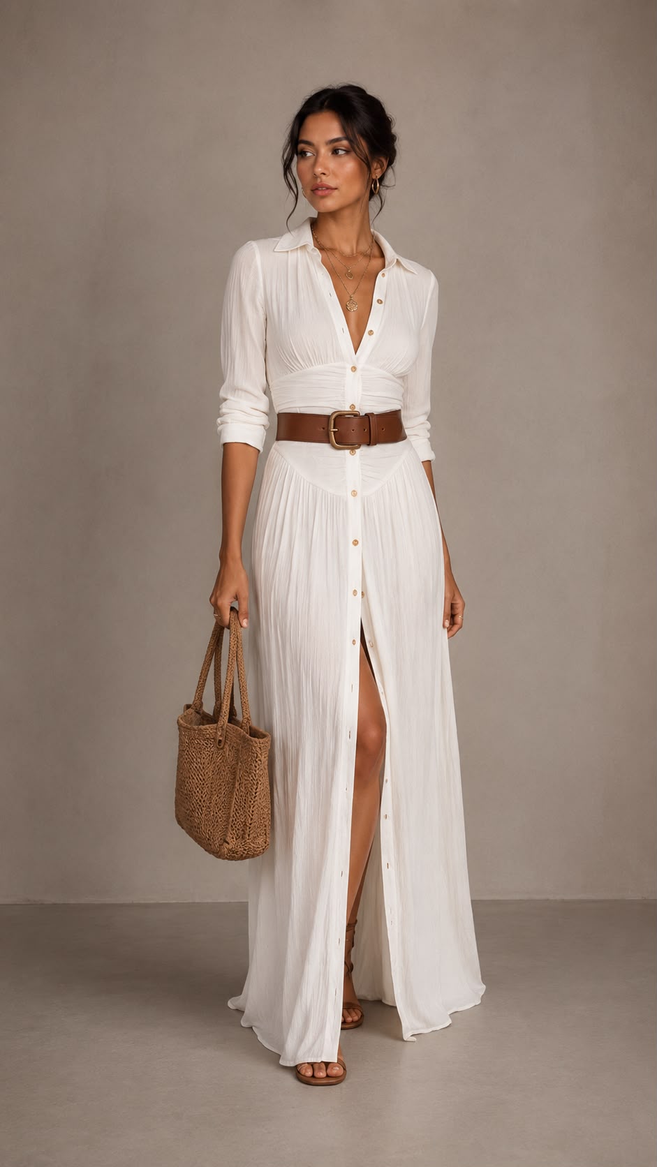 Vestido maxi largo para mujer con cuello de solapa y mangas largas.