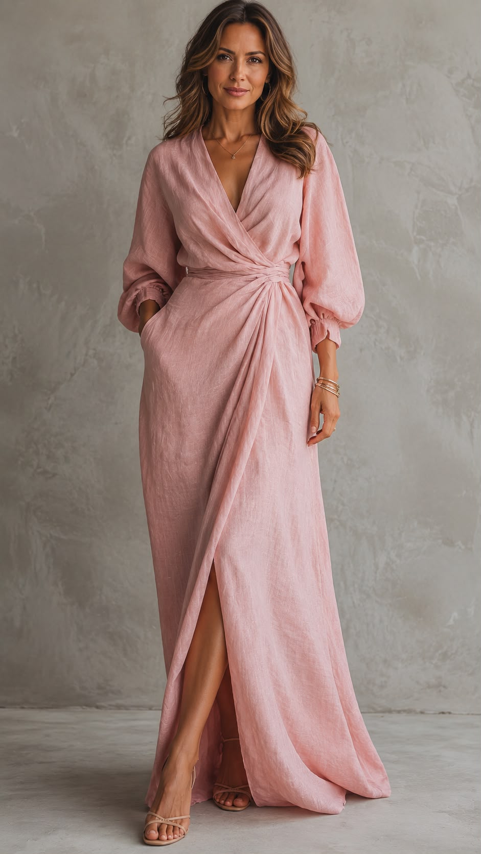 Vestido Maxi Minimalista Rosa con Escote en V para Mujer