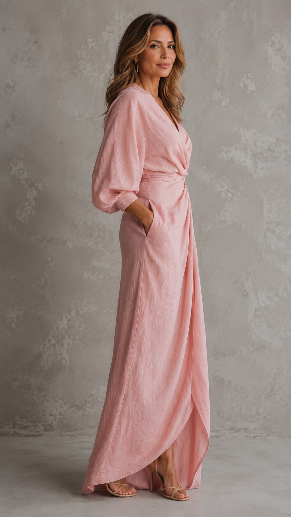Vestido Maxi Minimalista Rosa con Escote en V para Mujer