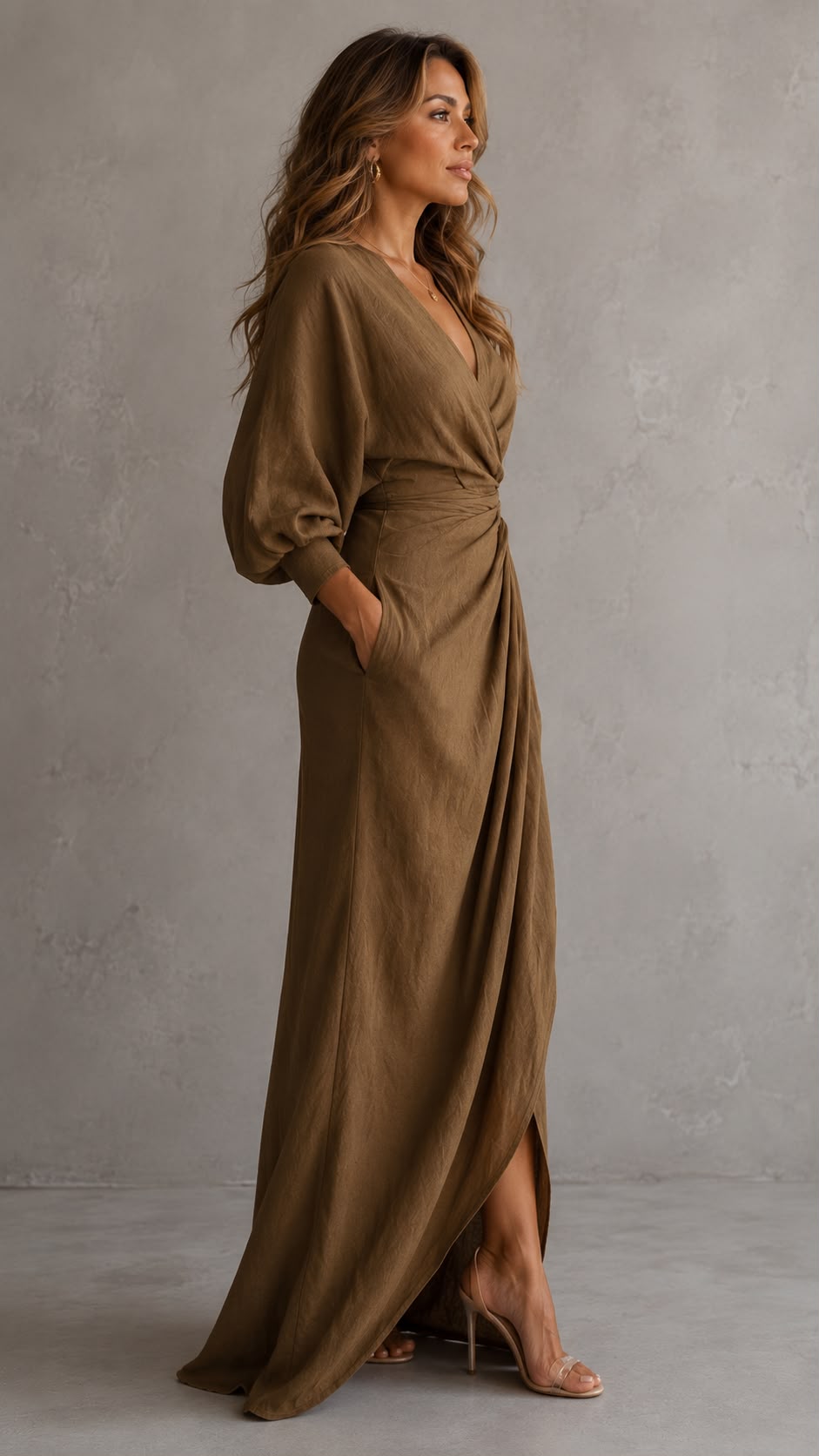 Vestido Maxi Minimalista Rosa con Escote en V para Mujer