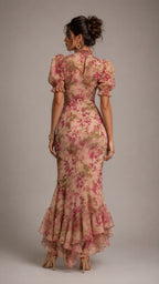 Vestido largo con estampado floral de rosas estilo vintage y mangas abullonadas.