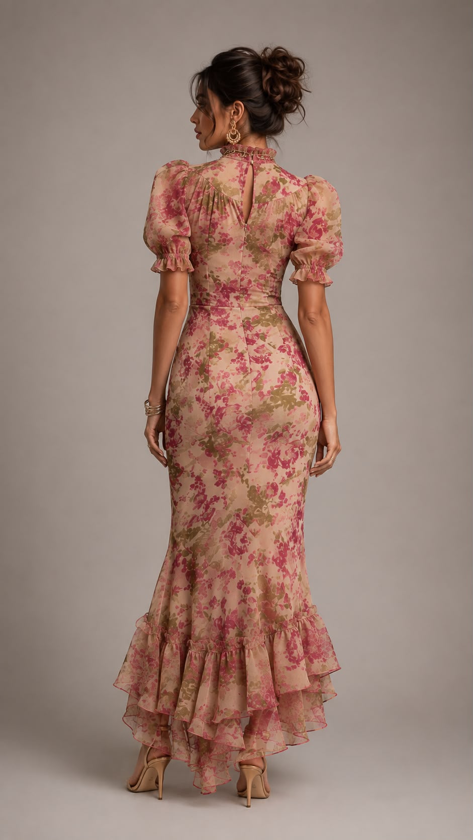 Vestido largo con estampado floral de rosas estilo vintage y mangas abullonadas.