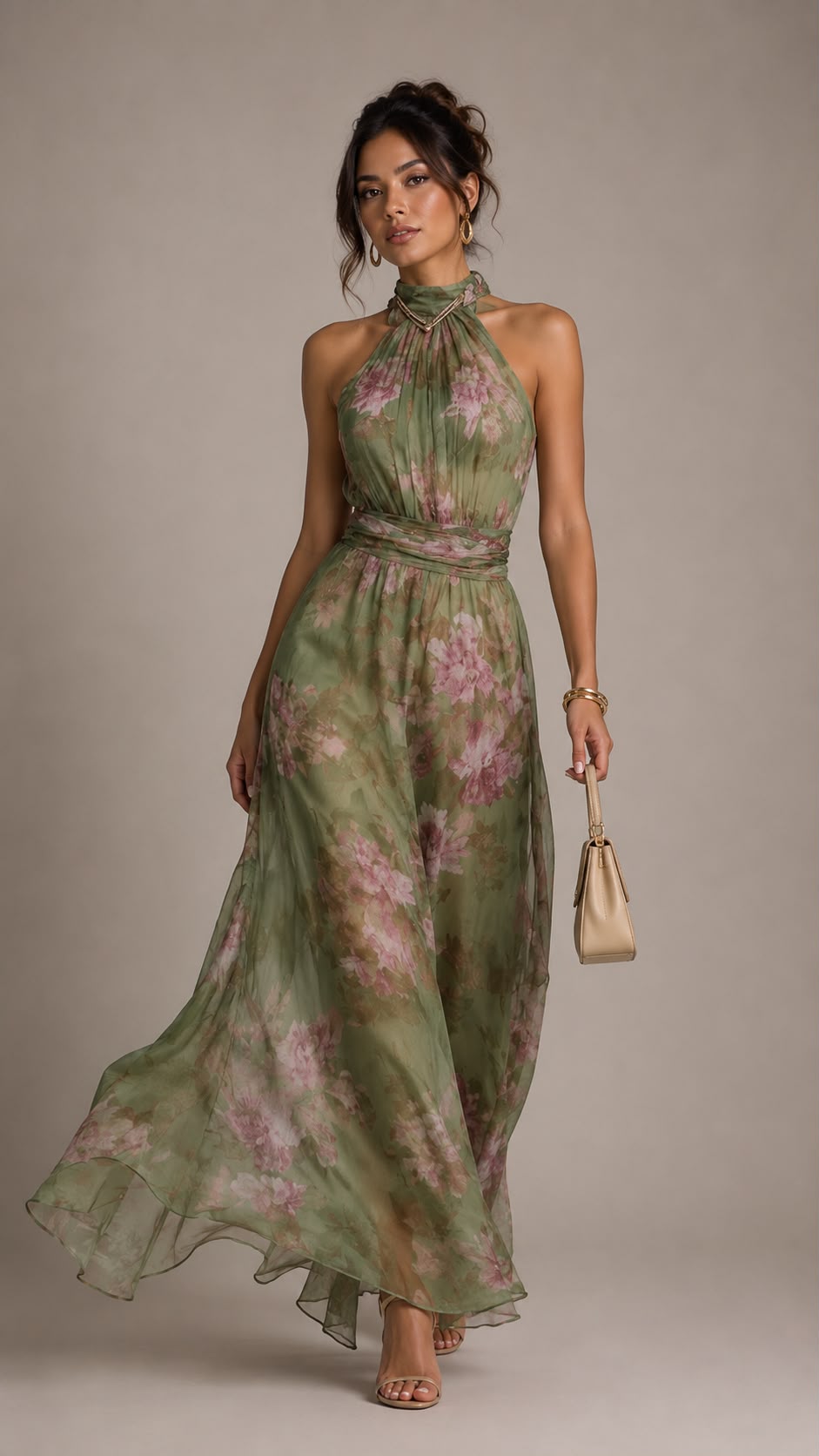 Vestido largo verde con estampado floral y cuello halter.