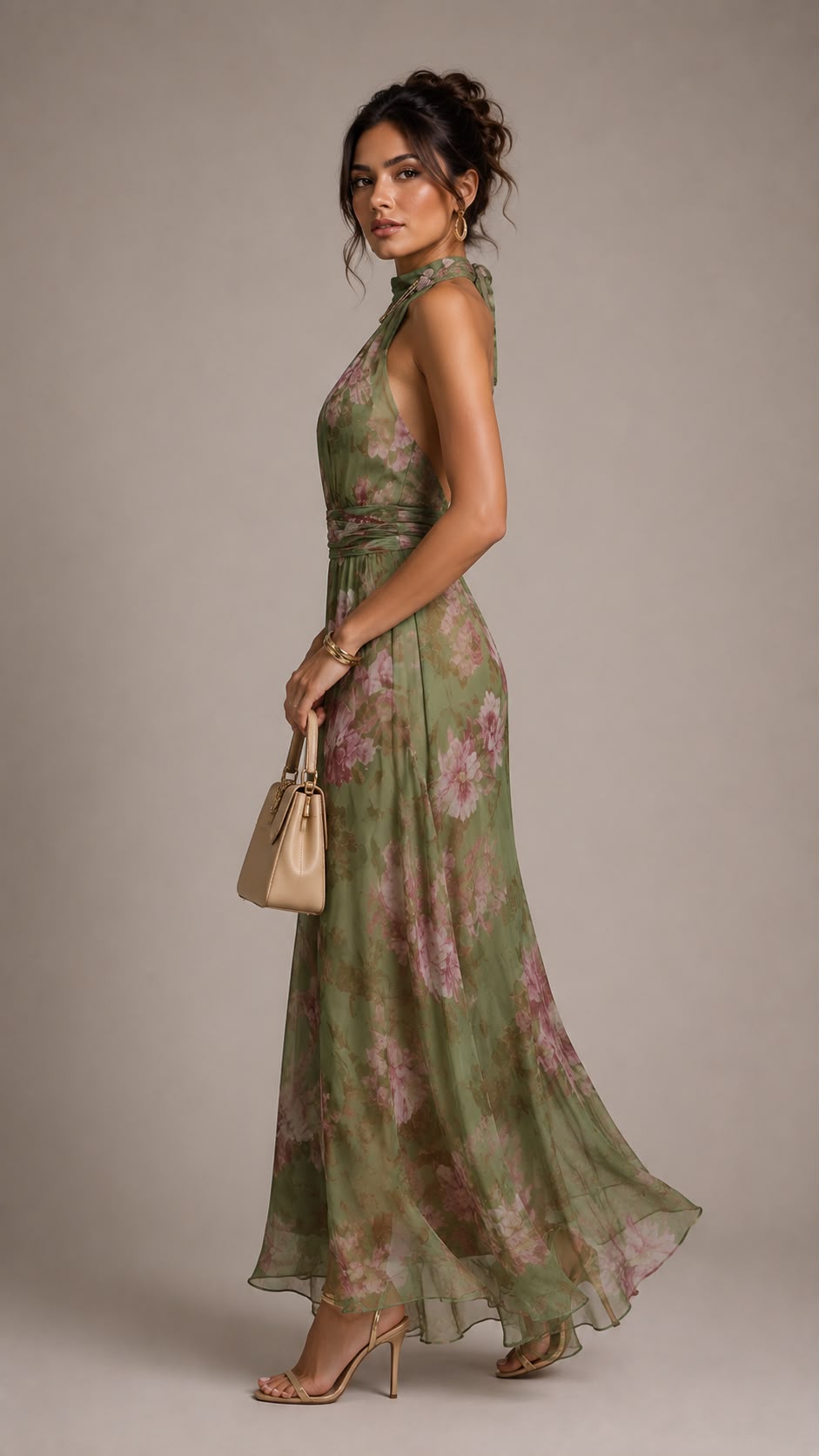 Vestido largo verde con estampado floral y cuello halter.