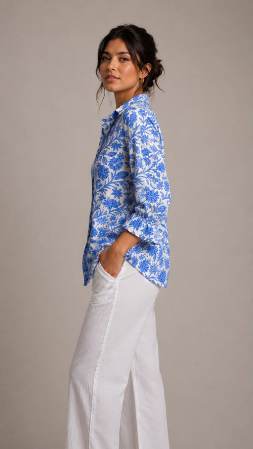Camisa Floral Azul de Manga Larga