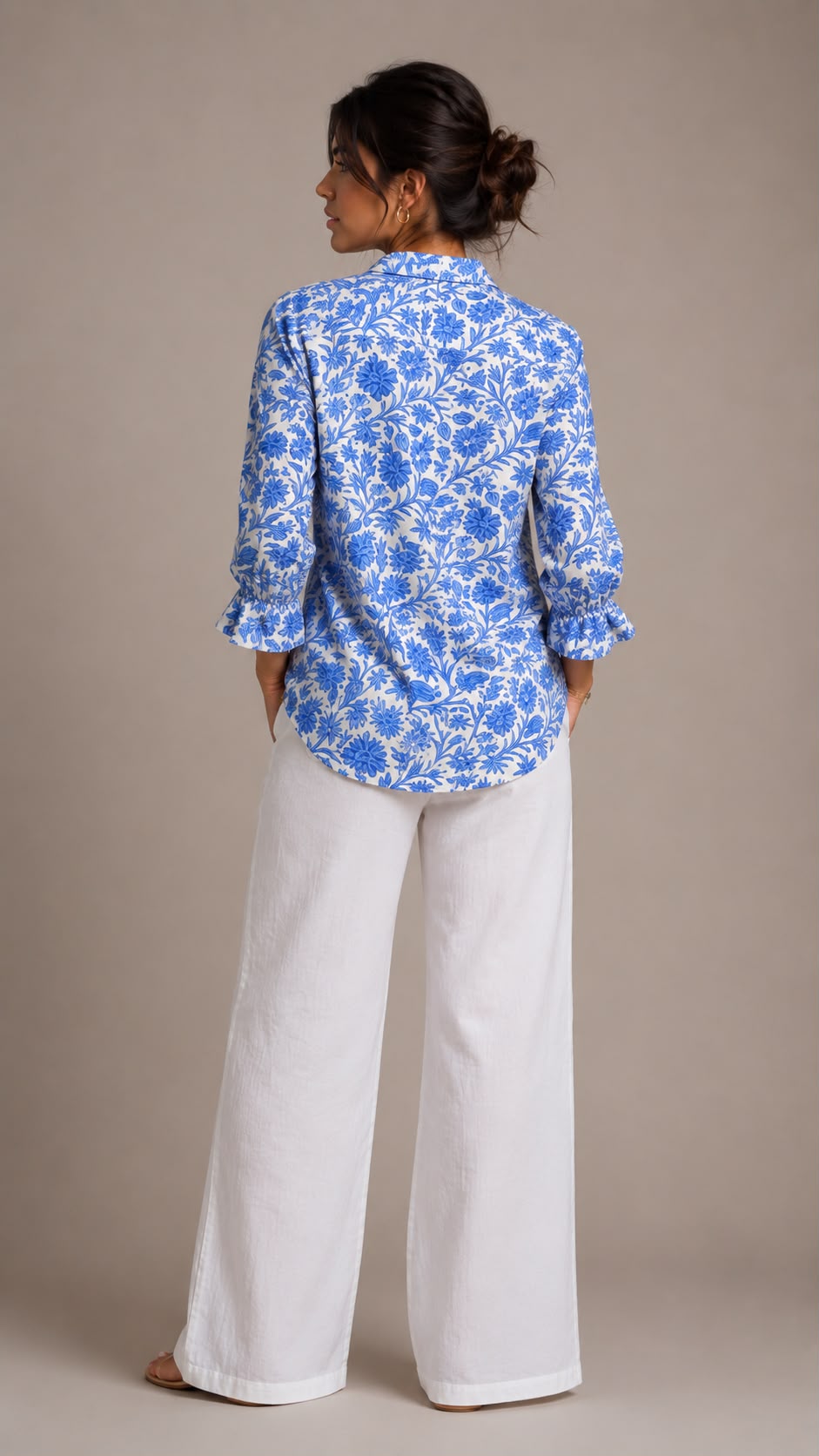 Camisa Floral Azul de Manga Larga