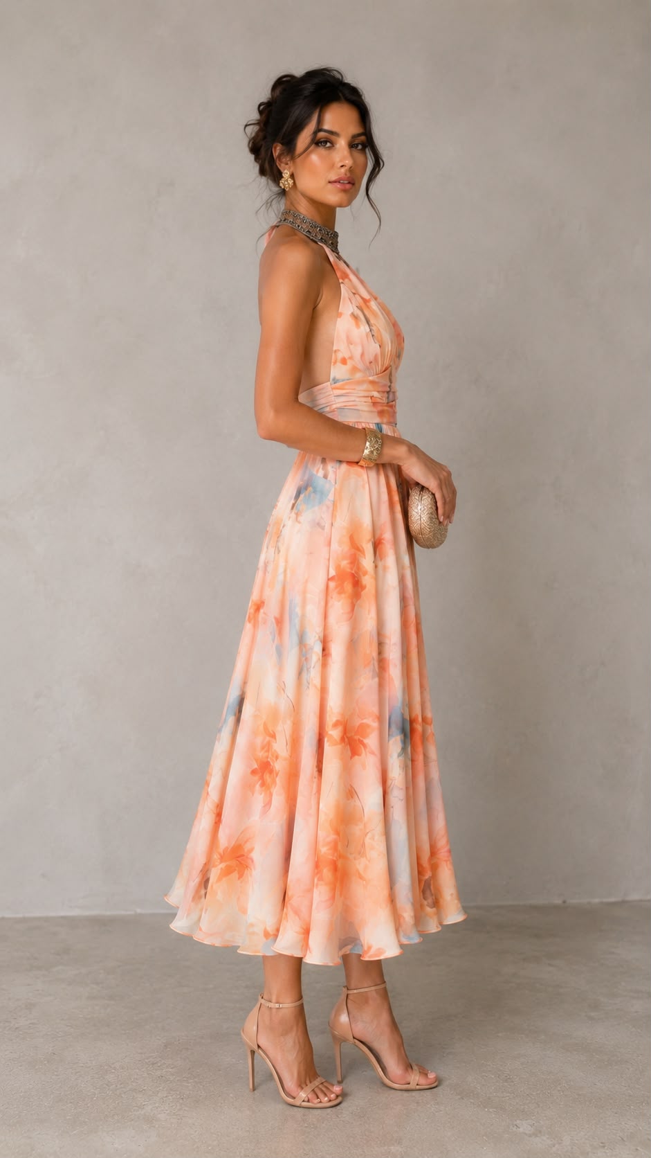 Vestido maxi con cuello halter y estampado efecto acuarela.