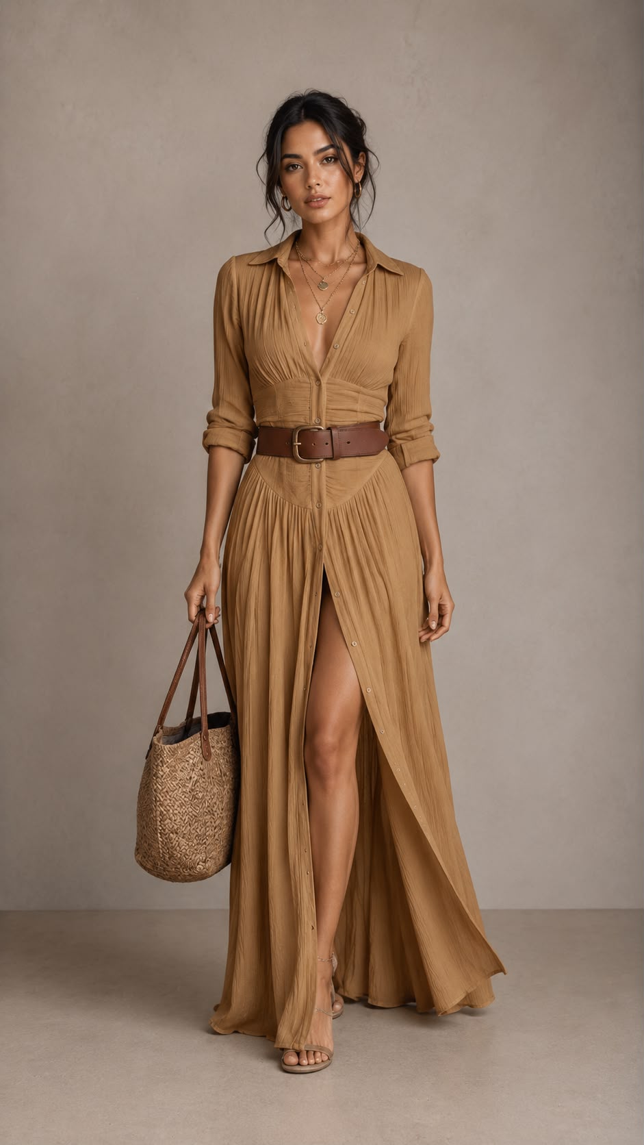 Vestido maxi largo para mujer con cuello de solapa y mangas largas.