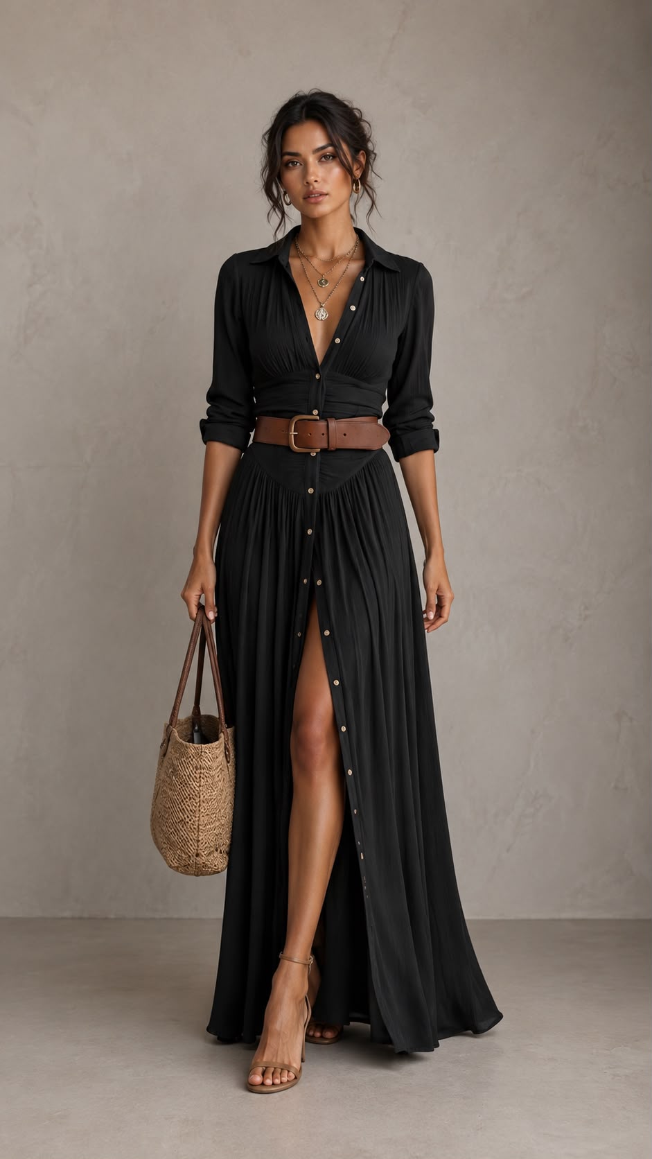 Vestido maxi largo para mujer con cuello de solapa y mangas largas.