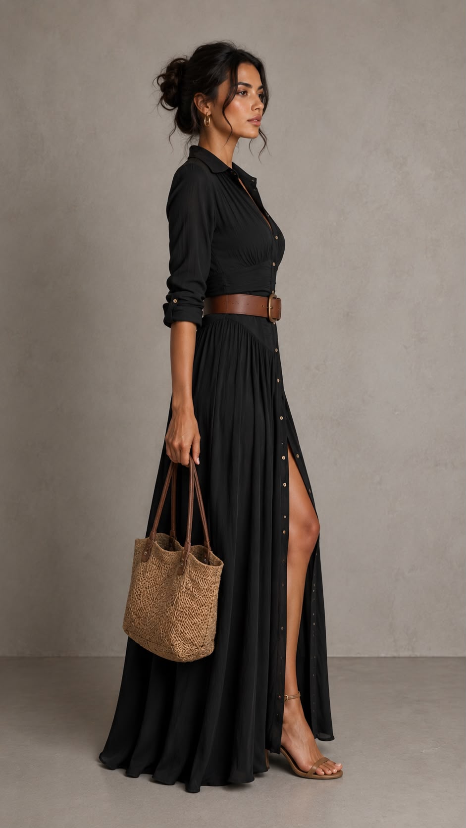 Vestido maxi largo para mujer con cuello de solapa y mangas largas.