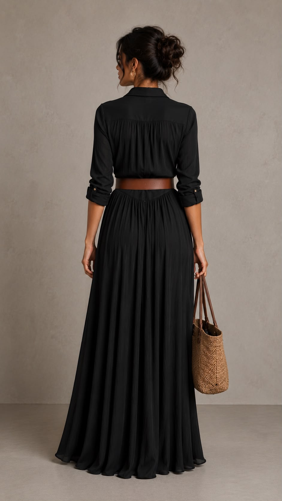 Vestido maxi largo para mujer con cuello de solapa y mangas largas.