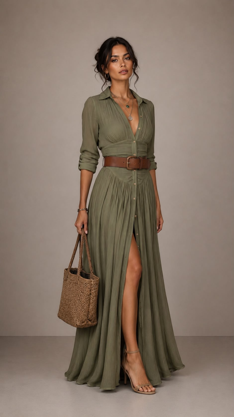 Vestido maxi largo para mujer con cuello de solapa y mangas largas.