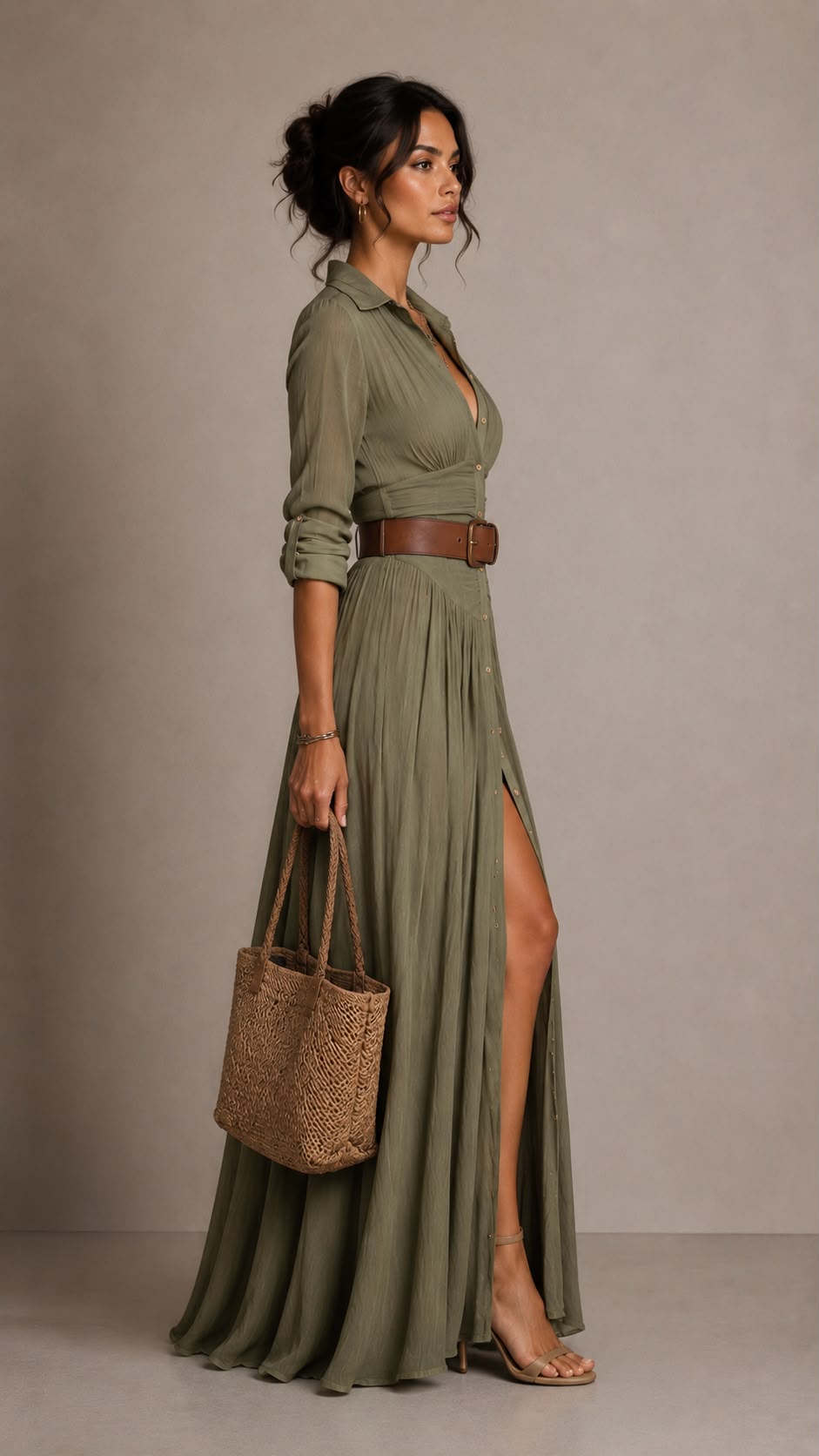 Vestido maxi largo para mujer con cuello de solapa y mangas largas.