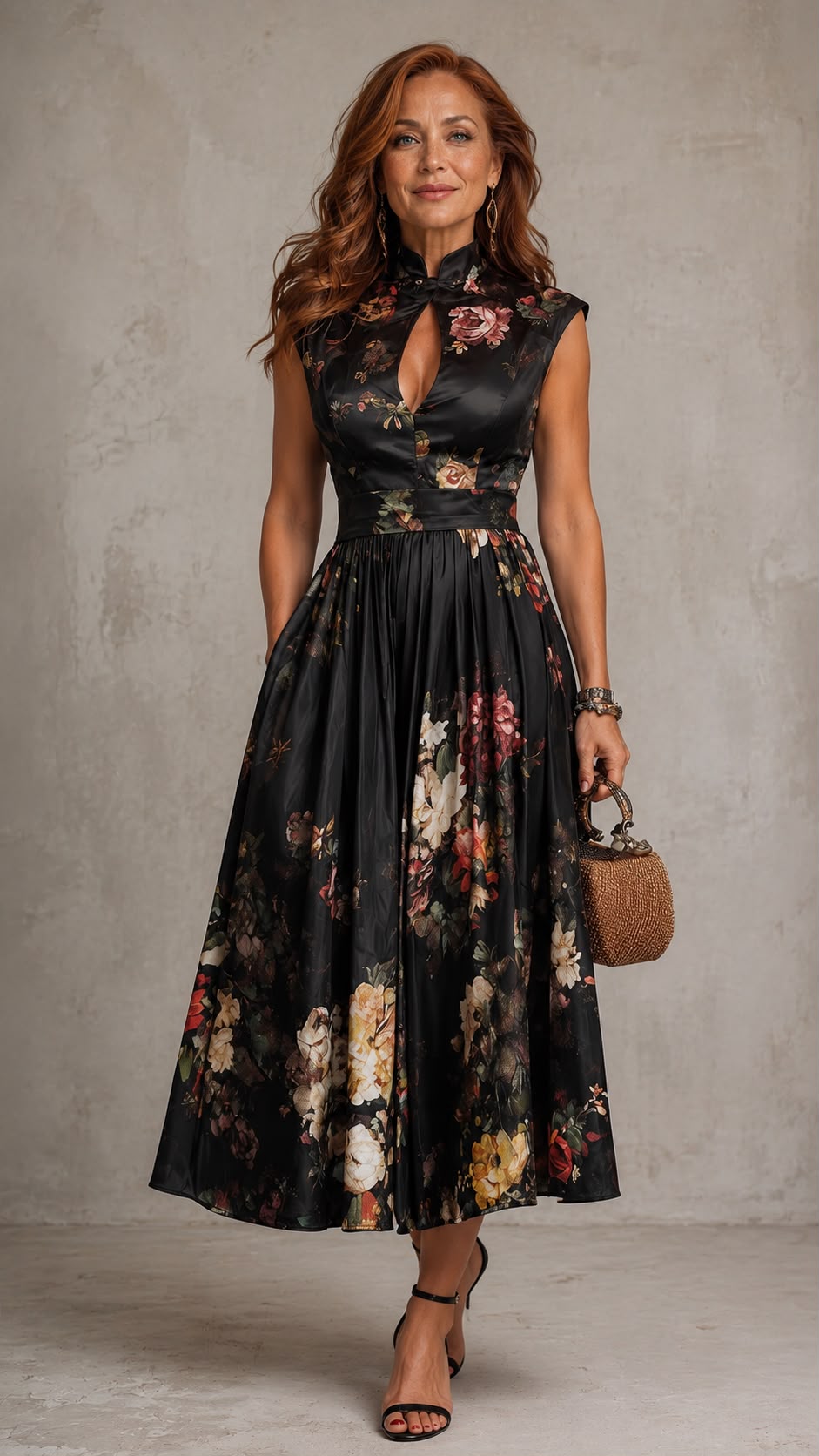 Vestido Midi Plisado de Satén Negro con Estampado Floral