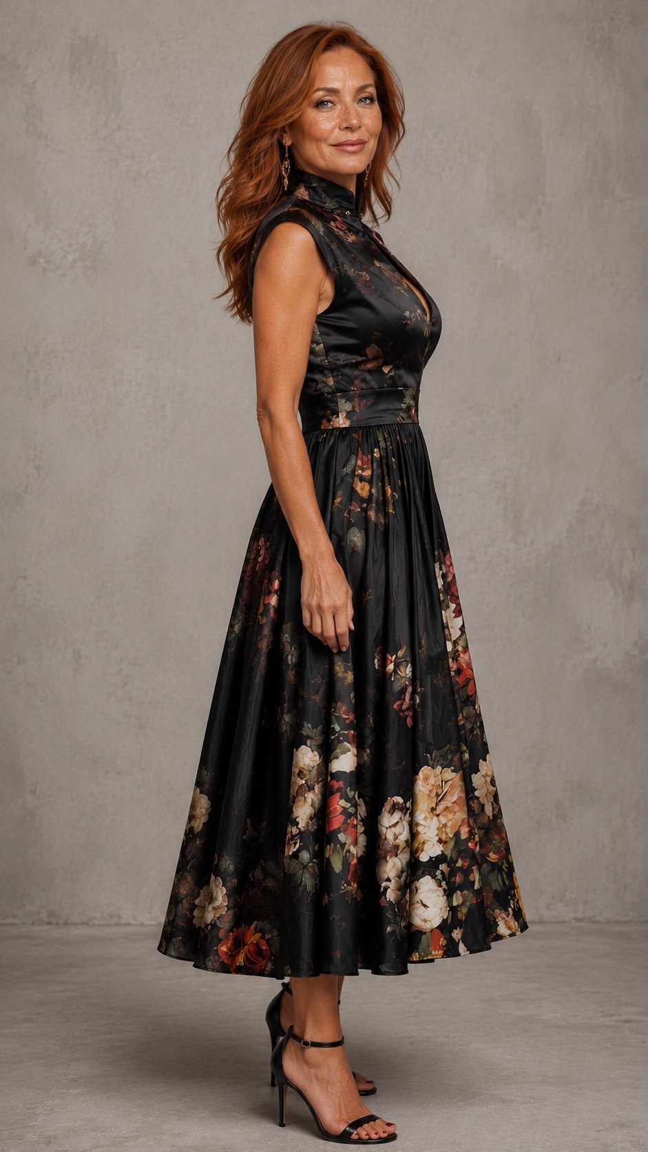 Vestido Midi Plisado de Satén Negro con Estampado Floral