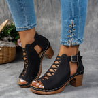 Botines Casual con Enrejado y Hebilla – Tacón Grueso