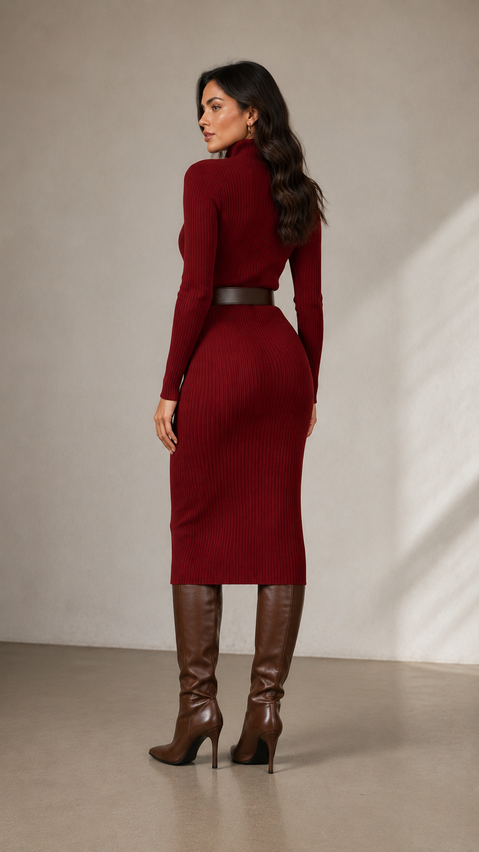 Vestido Midi para Mujer de Manga Larga con Escote en V, Cuello Medio Alto y Corte Ajustado